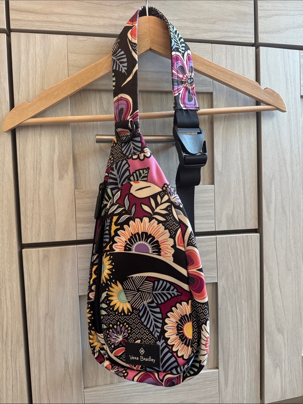 Vera Bradley Black Floral Pattern Sling Crossbody with Pink Accents